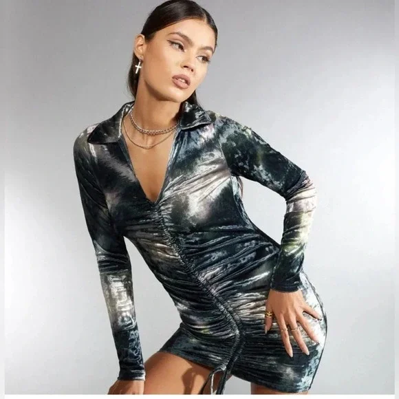 MOTEL x IRIS Aviva Y2k Mini Dress Velvet Ruched Abstract Camo medium 1290 - Picture 4 of 10